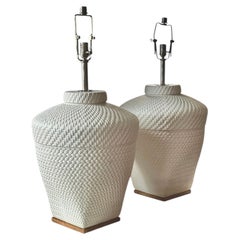 Pair of White Ralph Lauren Isla Ceramic Woven Rope Texture Lamps