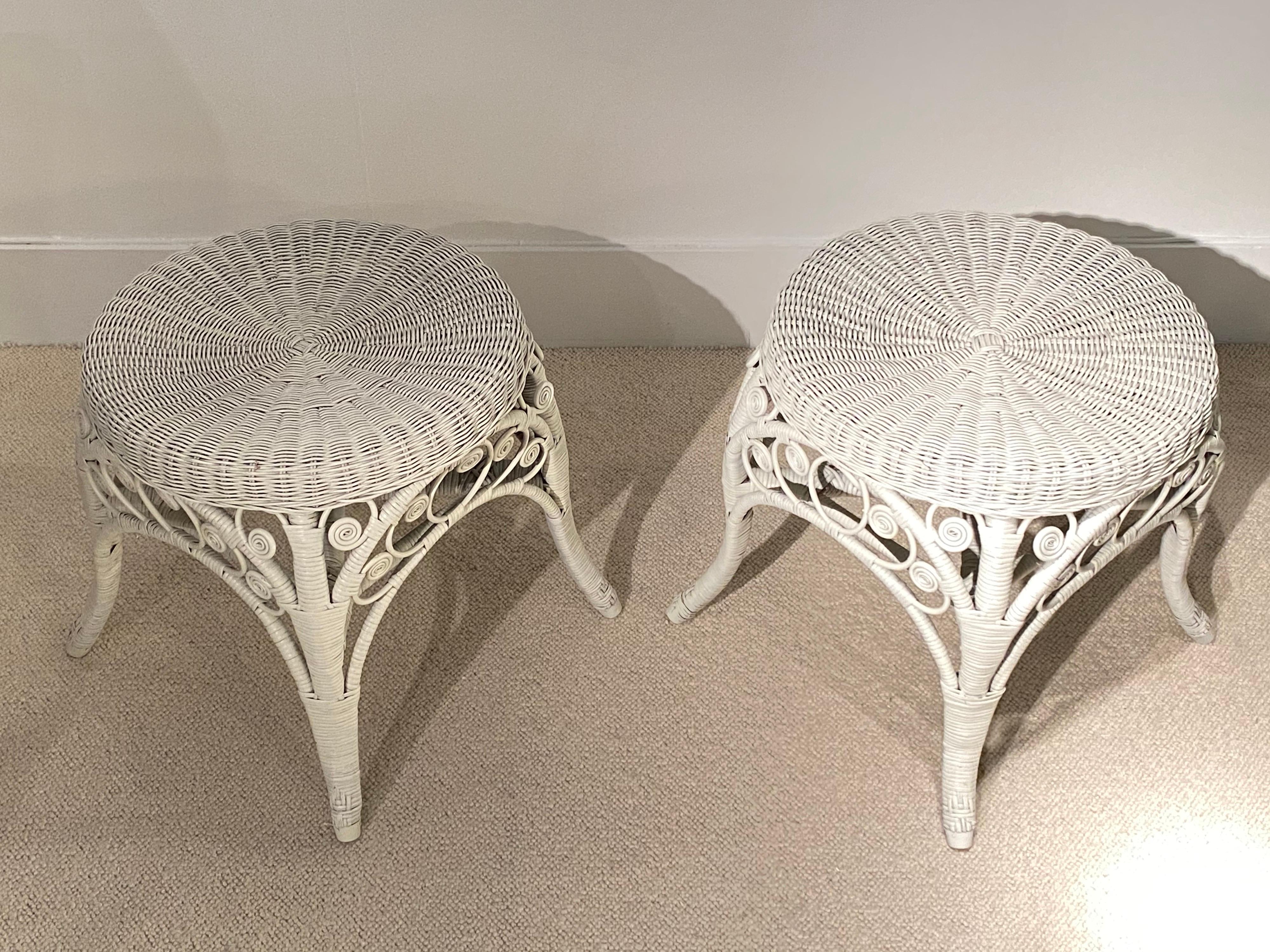 Mid-Century Modern Pair of White Rattan Vintage Stools