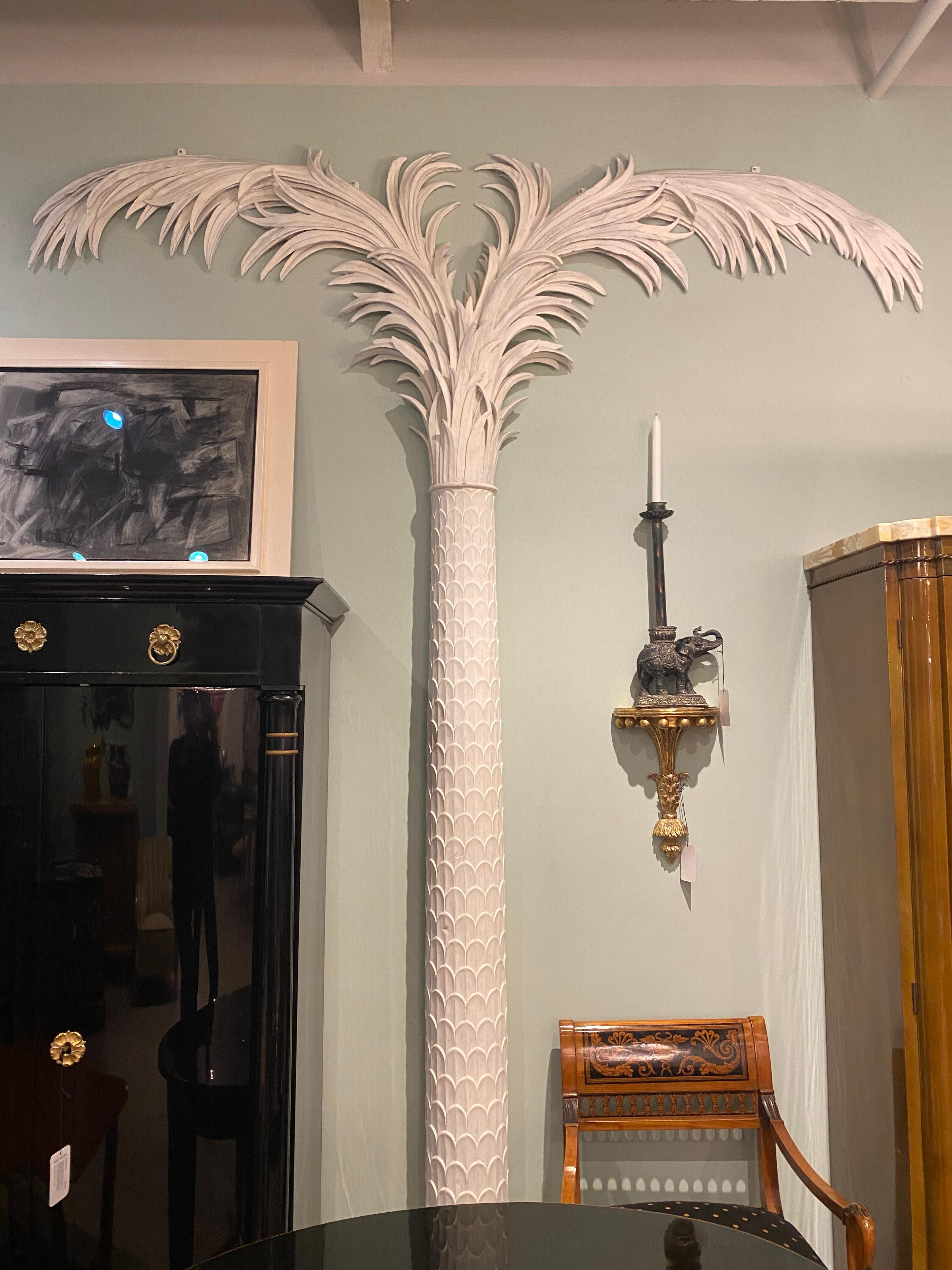 Painted Pair of White Resin Pilaster Palm Tree Wall Ornaments, Manner of Tate & Hall For Sale