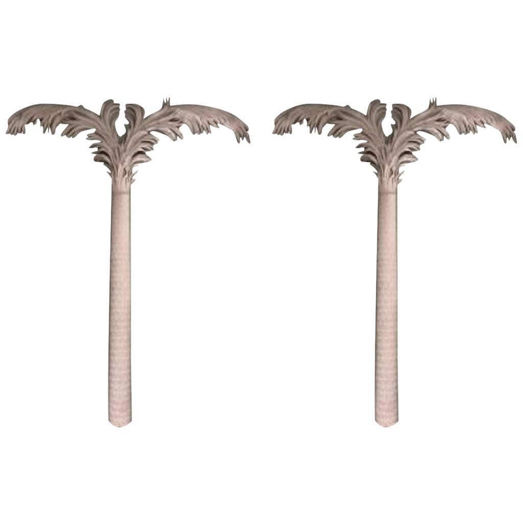 Pair of White Resin Pilaster Palm Tree Wall Ornaments, Manner of Tate & Hall For Sale