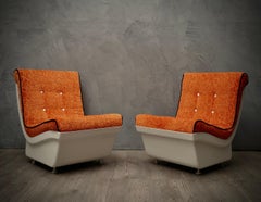 White Resin Plastic and Orange Velvet Club Chairs Armchairs, 1960