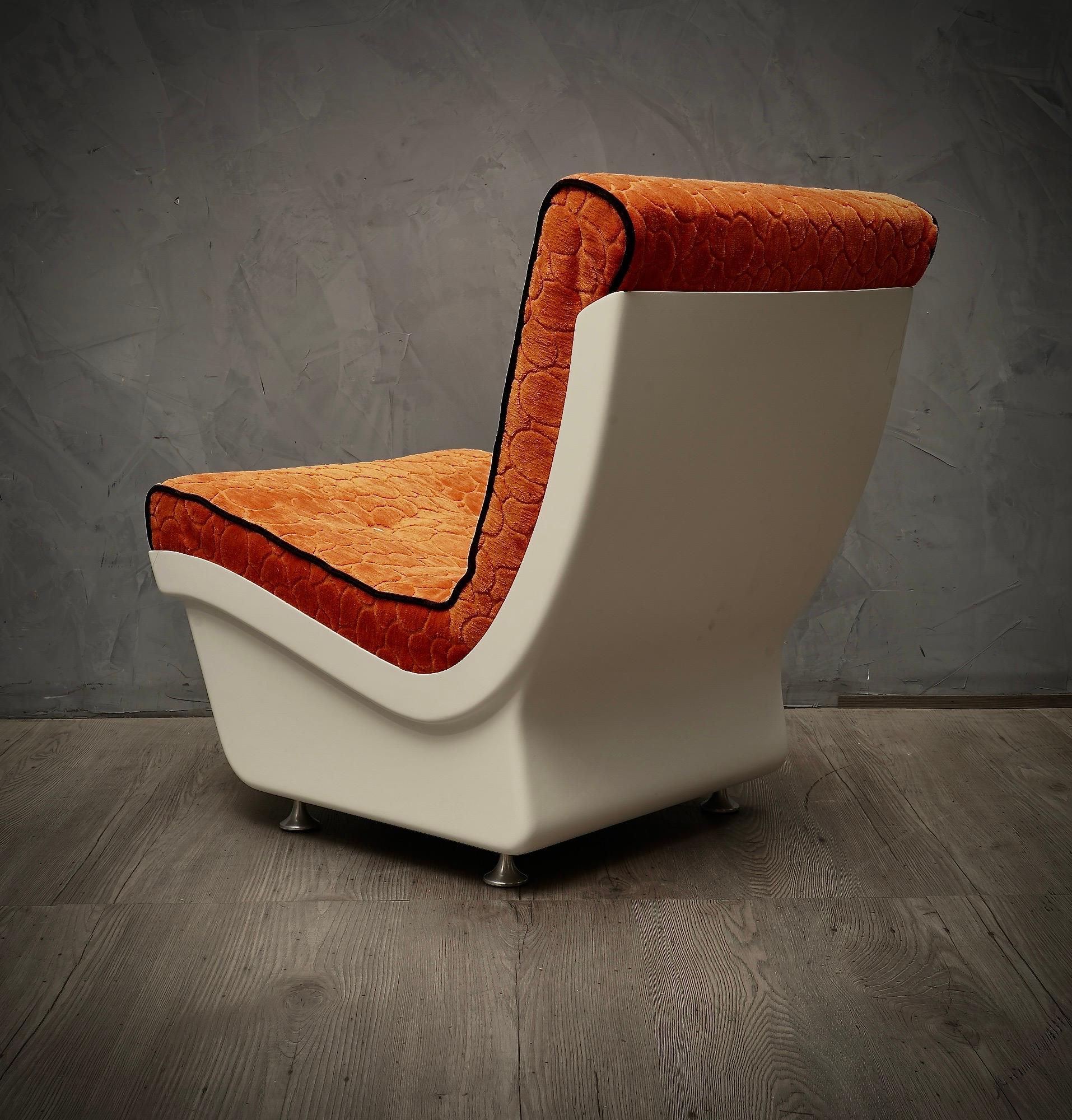 Mid-20th Century White Resin Plastic and Orange Velvet Club Chairs Armchairs, 1960 For Sale