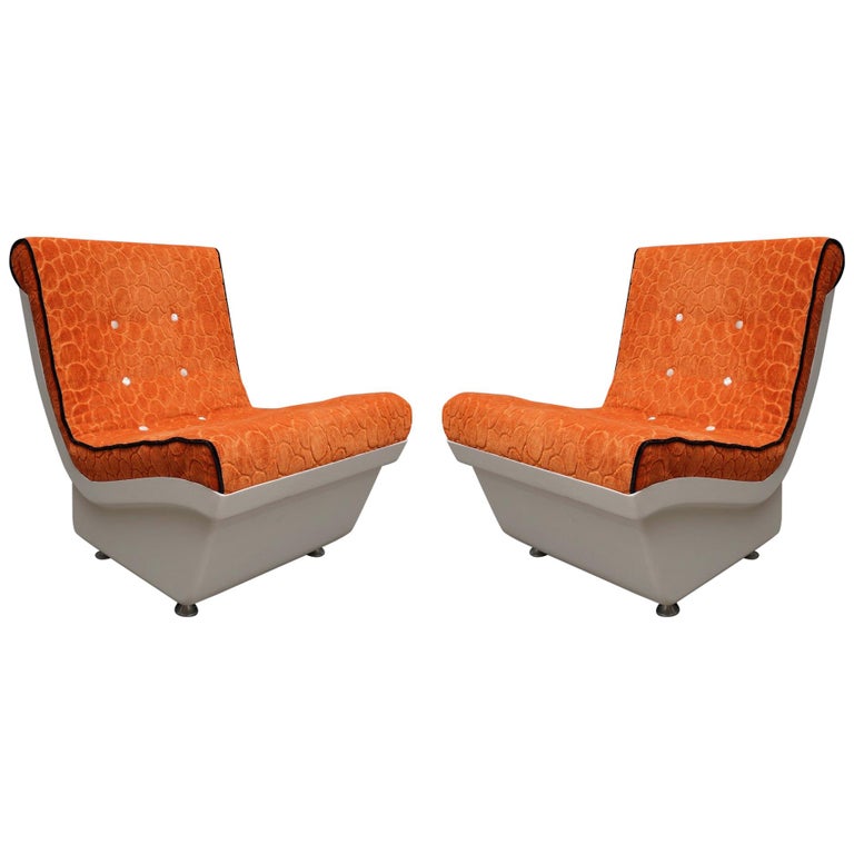 Pair of White Resin Plastic and Orange Velvet Armchairs, 1960 For Sale