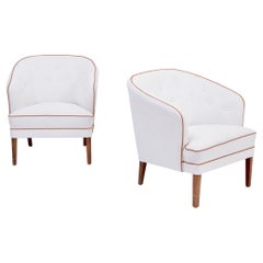 Used Pair of White Reupholstered Danish Mid-Century Armchairs by Ludvig Pontoppidan