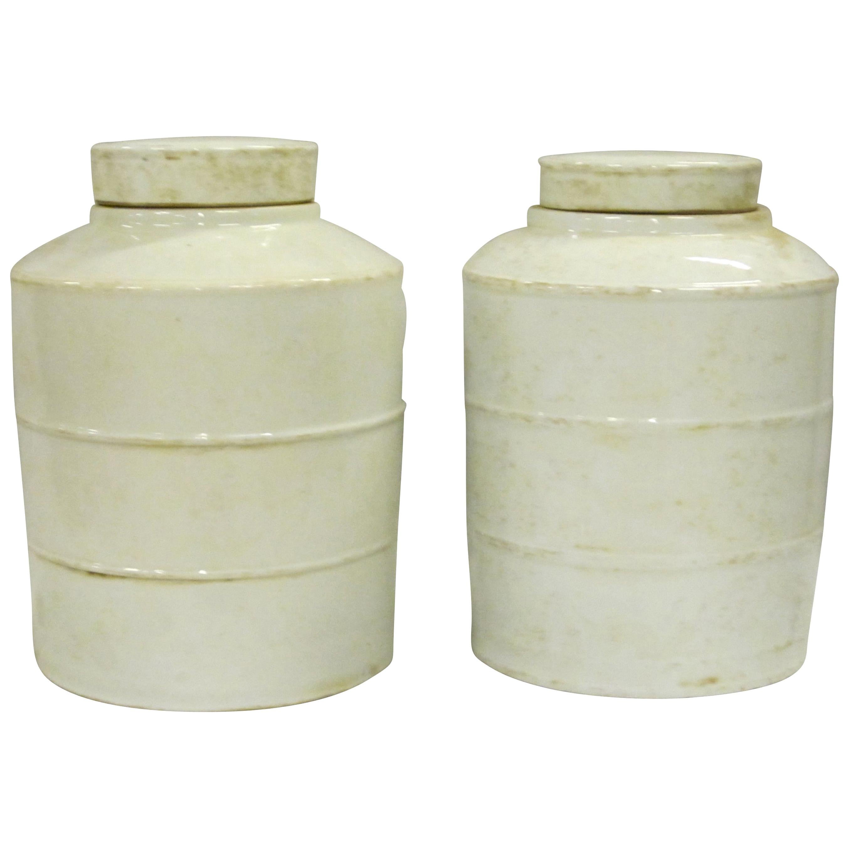 Pair of White Ribbed Round Jars with Lids, China, Contemporary