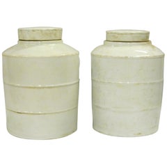 Pair of White Ribbed Round Jars with Lids, China, Contemporary