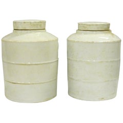 Pair of White Ribbed Round Jars with Lids, China, Contemporary