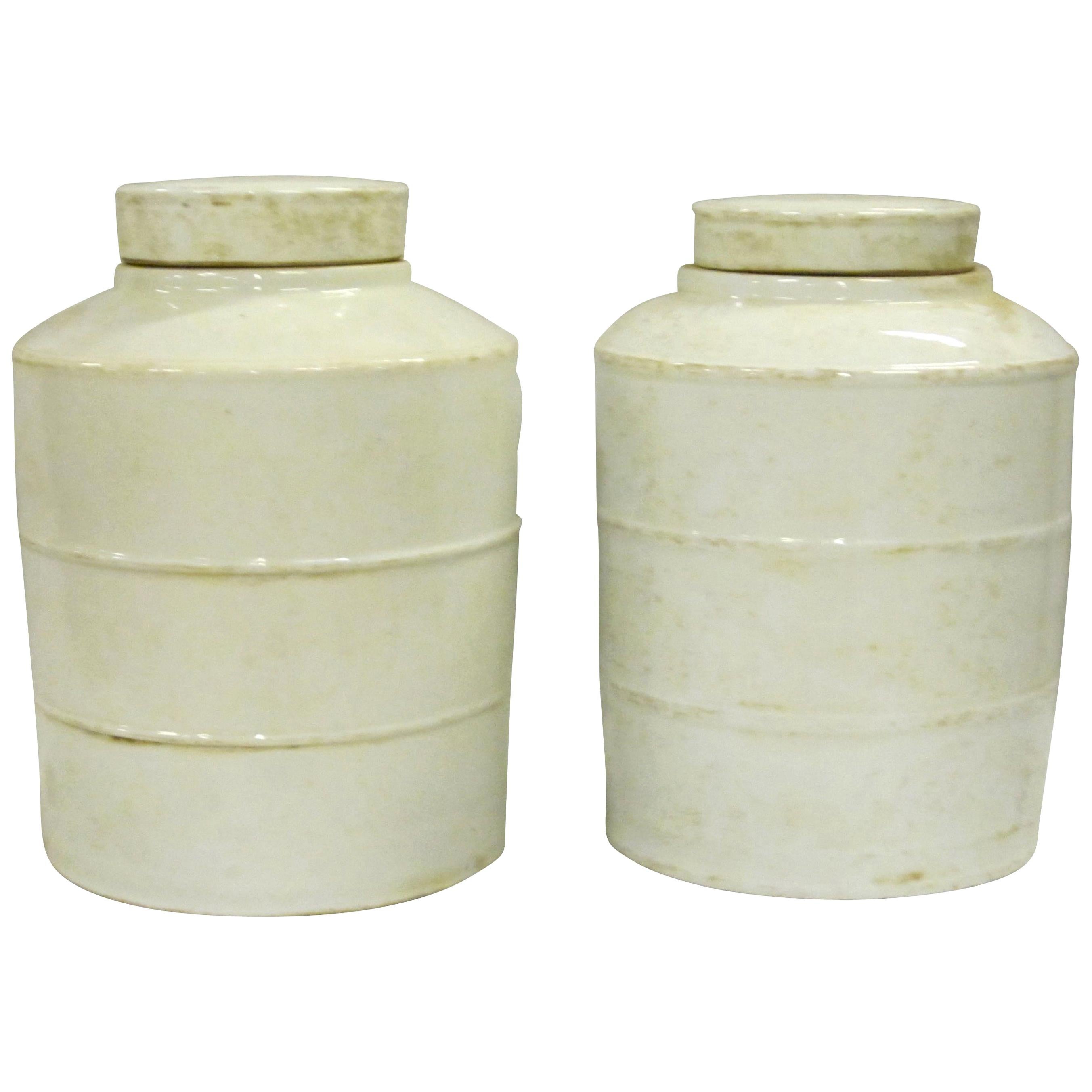 Pair of White Ribbed Round Jars with Lids, China, Contemporary For Sale