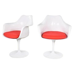 Pair of White Saarinen Style Tulip Swivel Chairs with Red Cushions