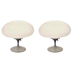 Pair of White Satin Enameled Bases and Glass Lampshades by Laurel Lamp Company