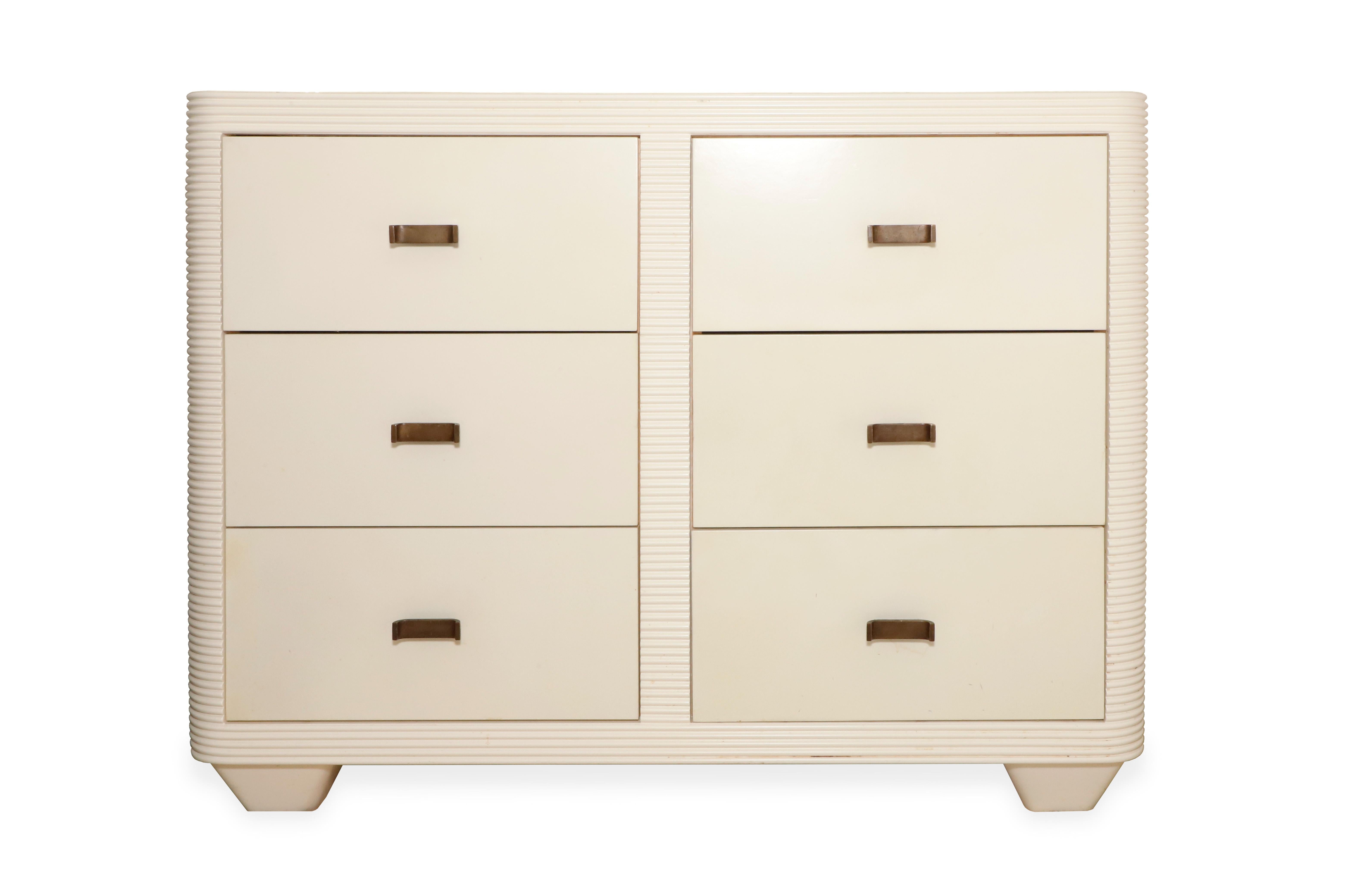 Mid-Century Modern Pair of White Satin Lacquer Dressers with Parchment Drawers by Juan Montoya For Sale