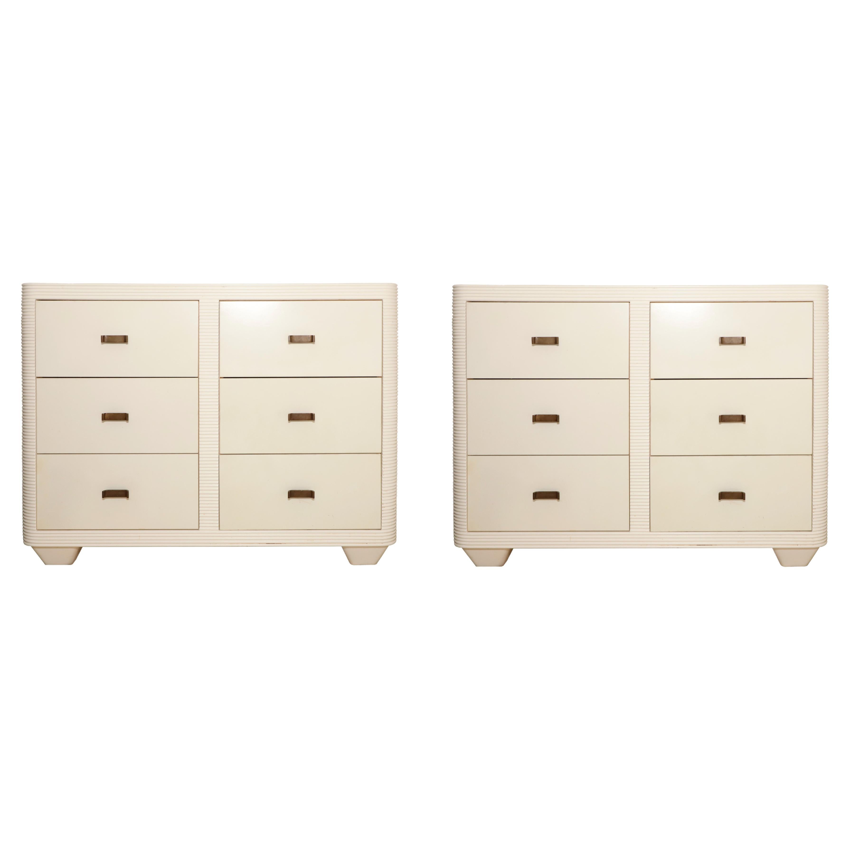 Pair of White Satin Lacquer Dressers with Parchment Drawers by Juan Montoya