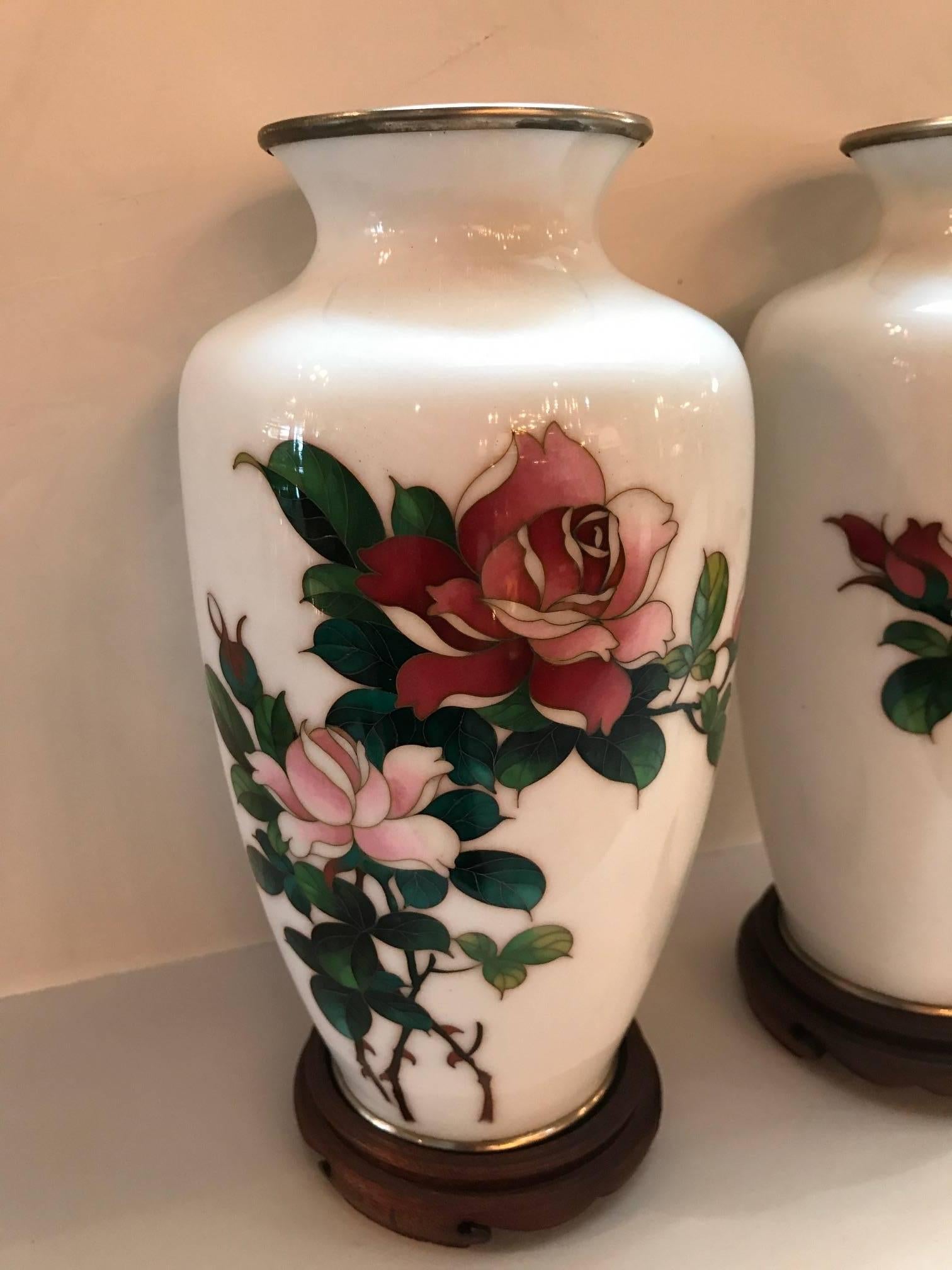 Japanese Pair of White Sato Cloisonné Vases