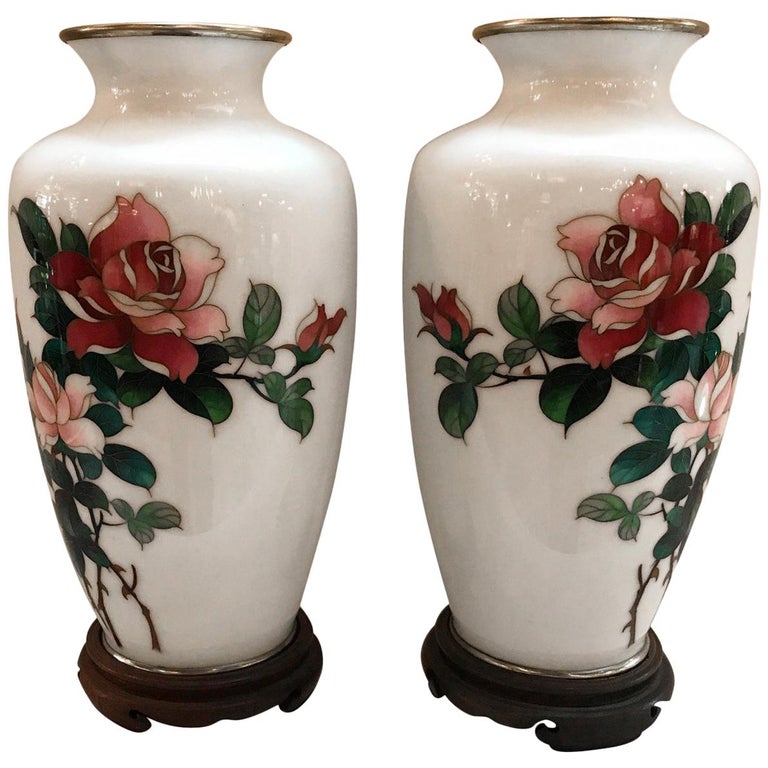 Pair of White Sato Cloisonné Vases For Sale at 1stdibs