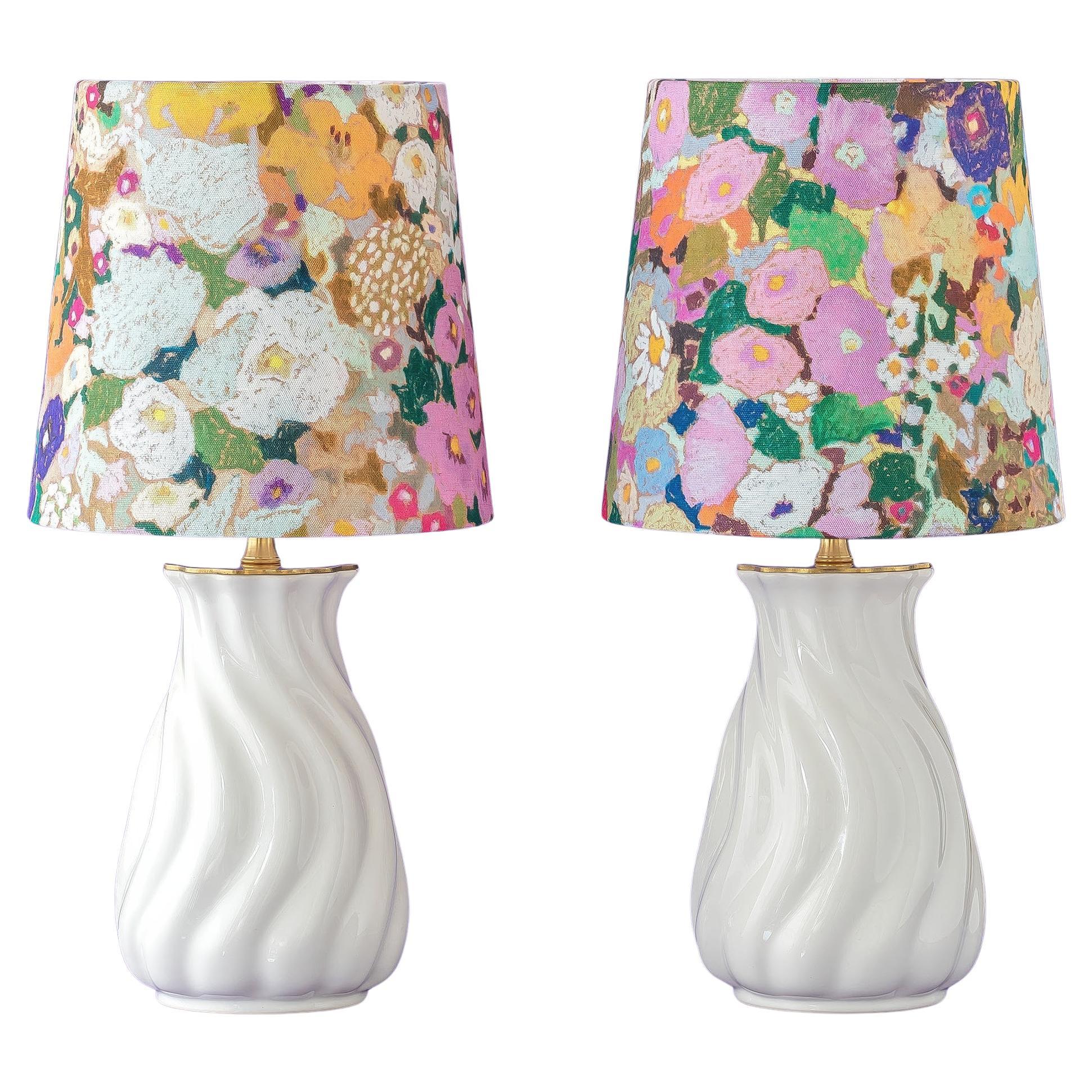 Pair of White Sculptural Ceramic Table Lamps, House of Hackney Hollyhocks Shades