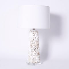 Pair of White Seashell Floral Design Table Lamps