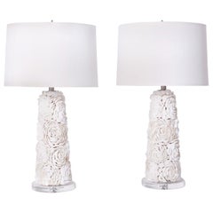 Pair of White Seashell Floral Design Table Lamps