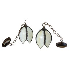 Pair of White Slag Glass Pendants