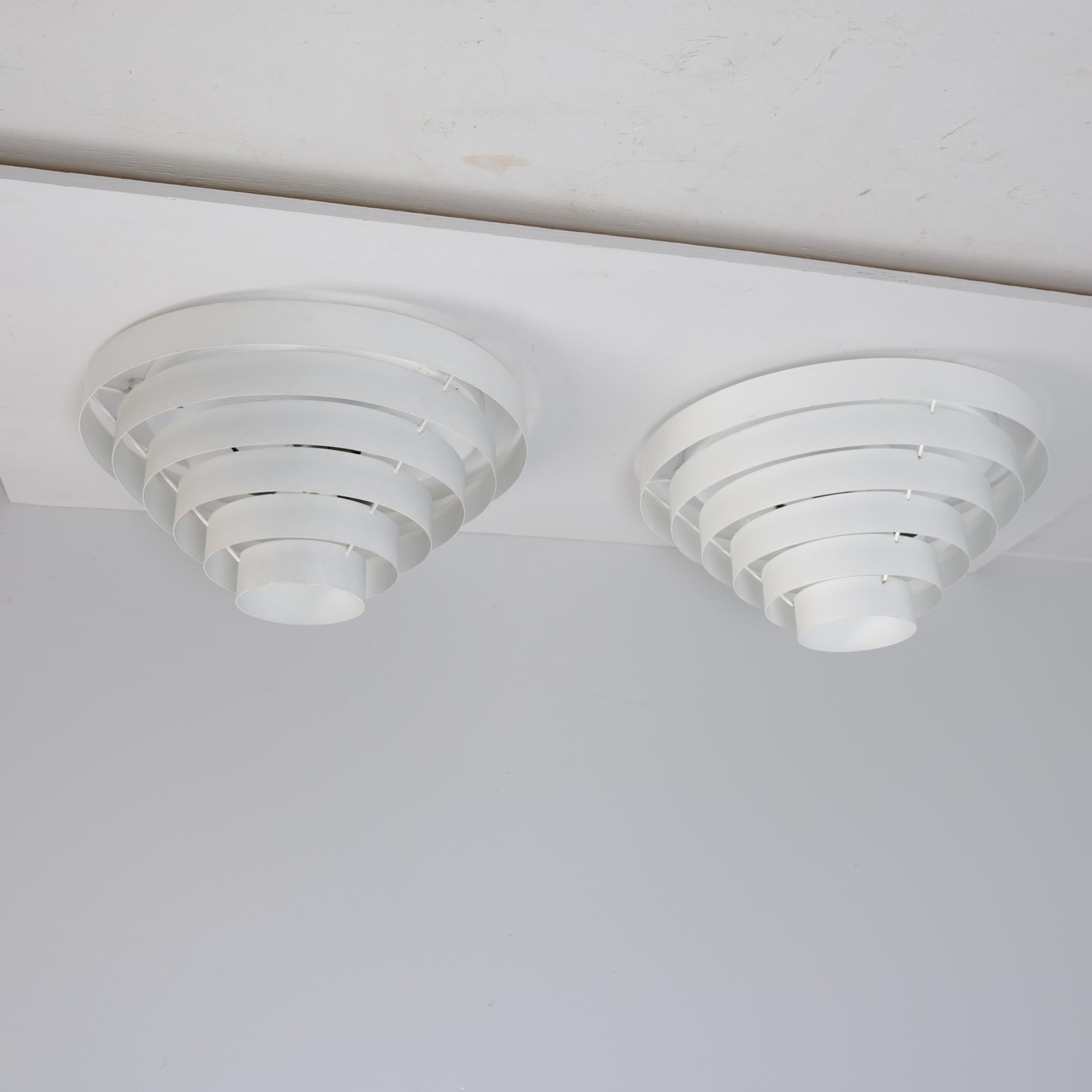 Minimalist Pair of White Slated Alvar Aalto Style Flush Mounts Model AE74/45, Itsu 1950s For Sale