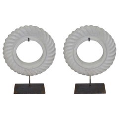Pair of White Stone Rope Twist Disc Sculptures, China, Contemporary