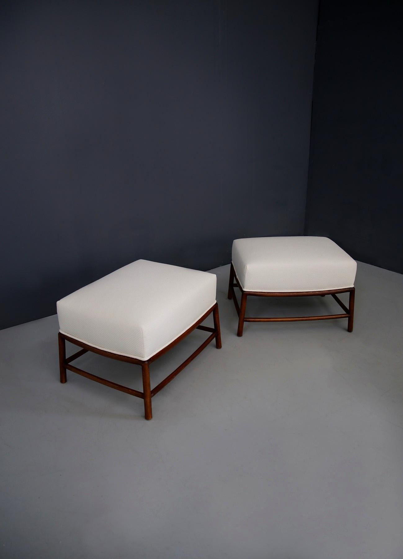 Mid-Century Modern Pair of white Stools by T.H. Robsjohn-Gibbings in Fabric and Wood Restored 1950s