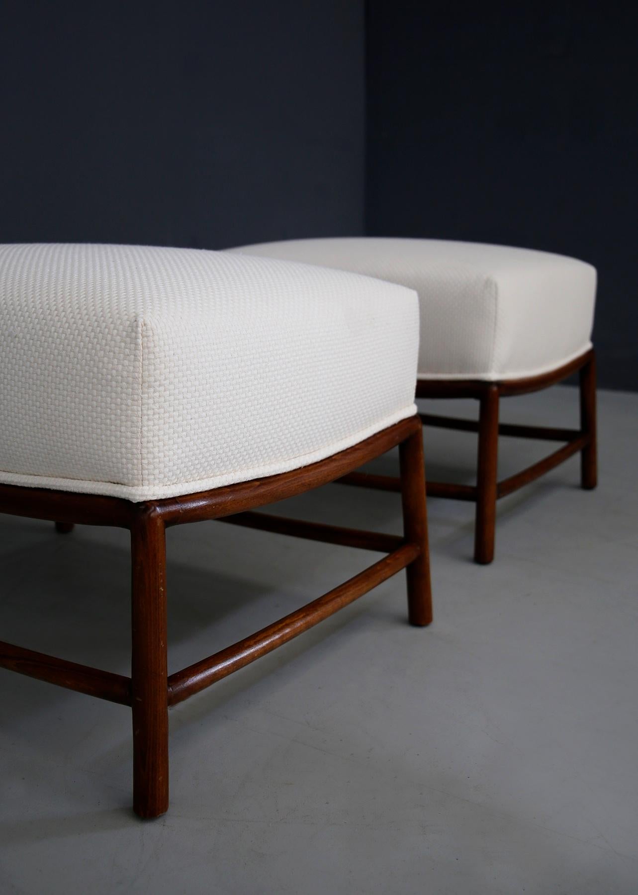 American Pair of white Stools by T.H. Robsjohn-Gibbings in Fabric and Wood Restored 1950s