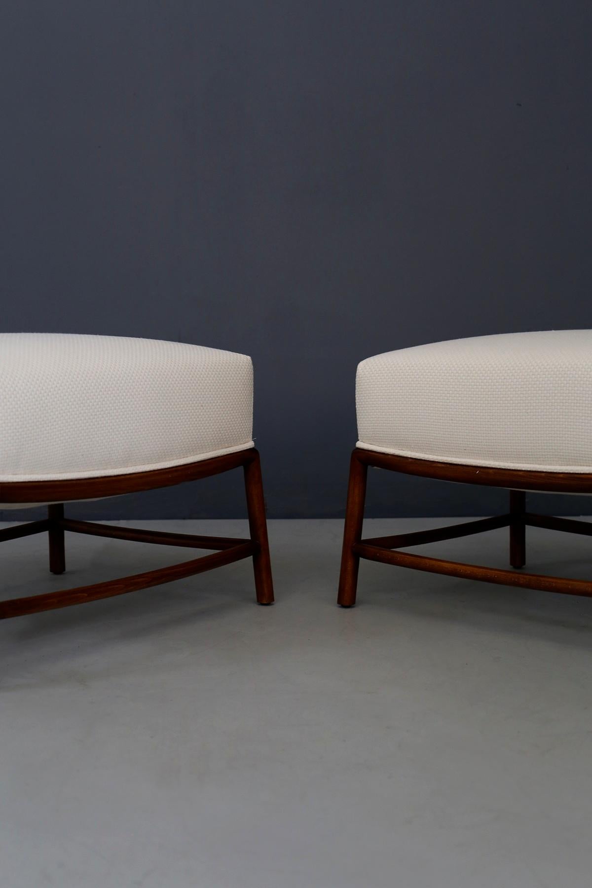 Pair of white Stools by T.H. Robsjohn-Gibbings in Fabric and Wood Restored 1950s 1