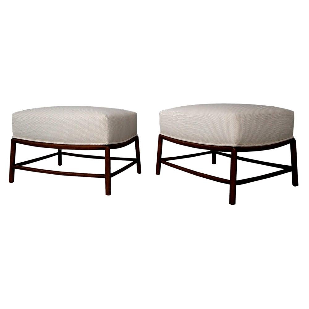 Pair of white Stools by T.H. Robsjohn-Gibbings in Fabric and Wood Restored 1950s