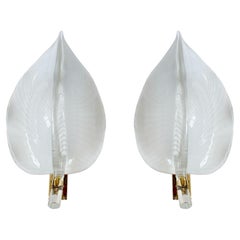 Pair of White Striped Murano Glass Leaf Sconces by Franco Luce