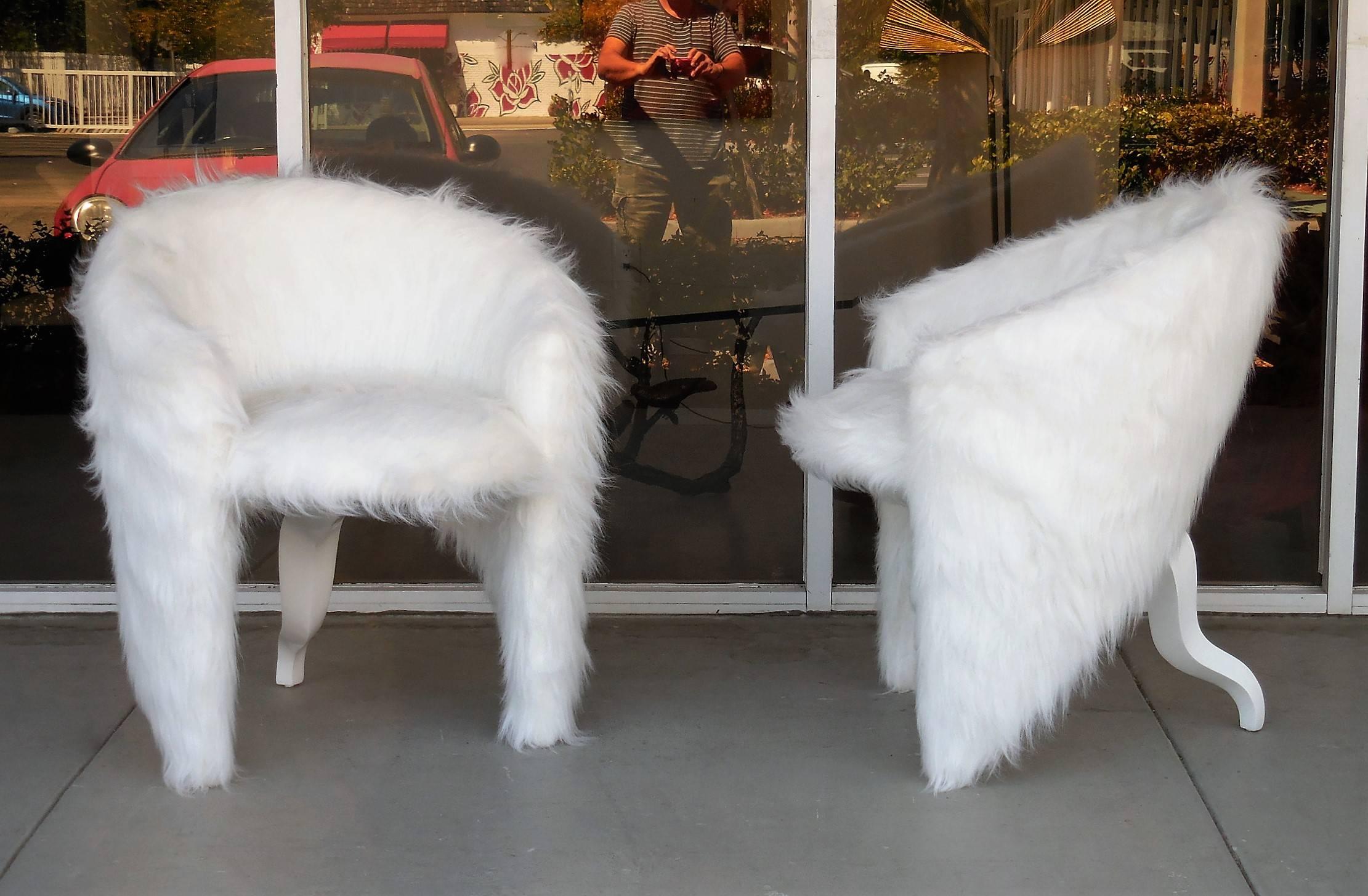 Italian Pair of White Surreal Faux Fur Lounge Chairs