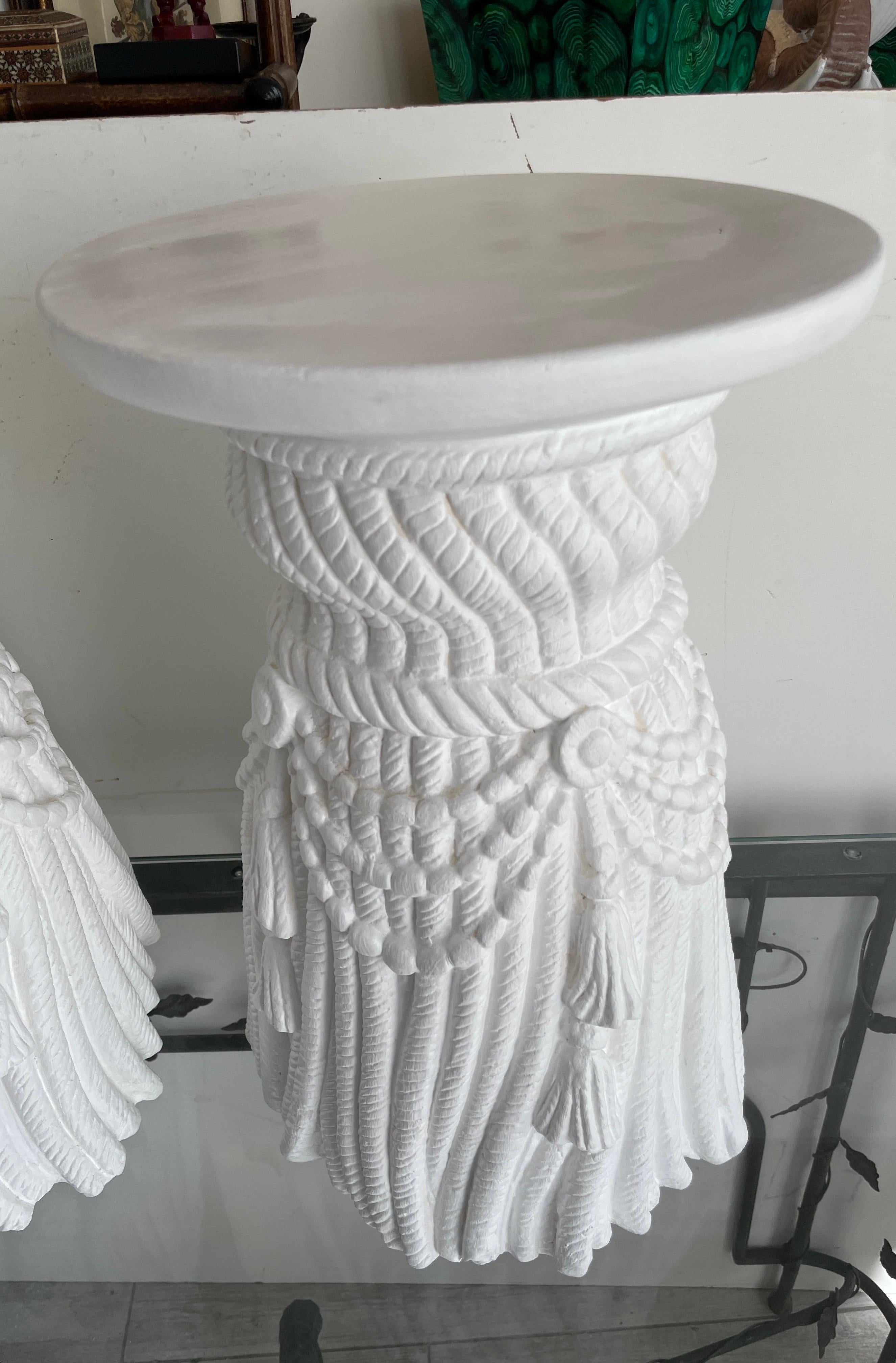 Unique pair of white plaster and composition swag drinks tables in the style of John Dickinson.