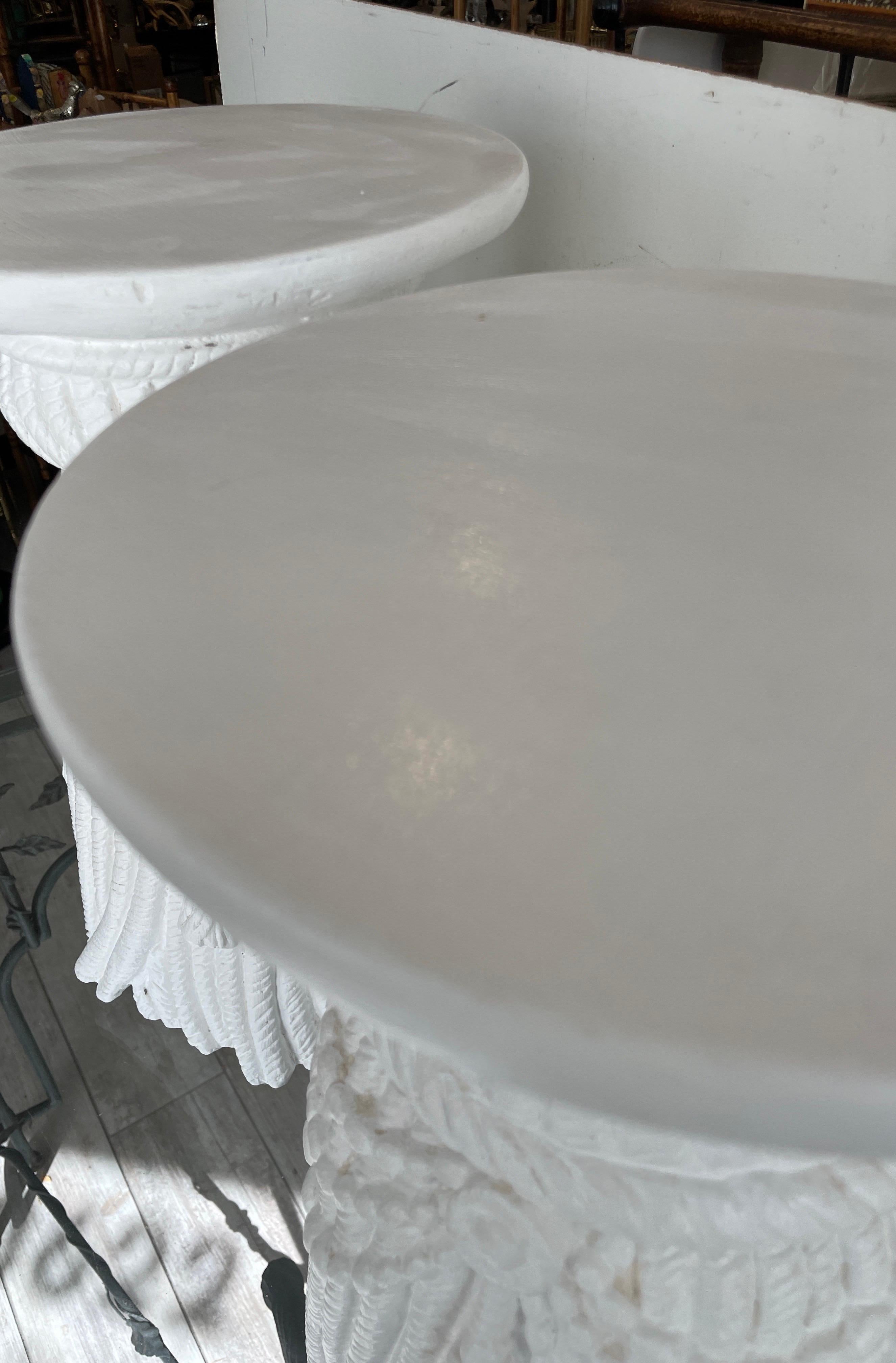 Composition Pair of White Swag & Tassel Side / Drinks Tables For Sale