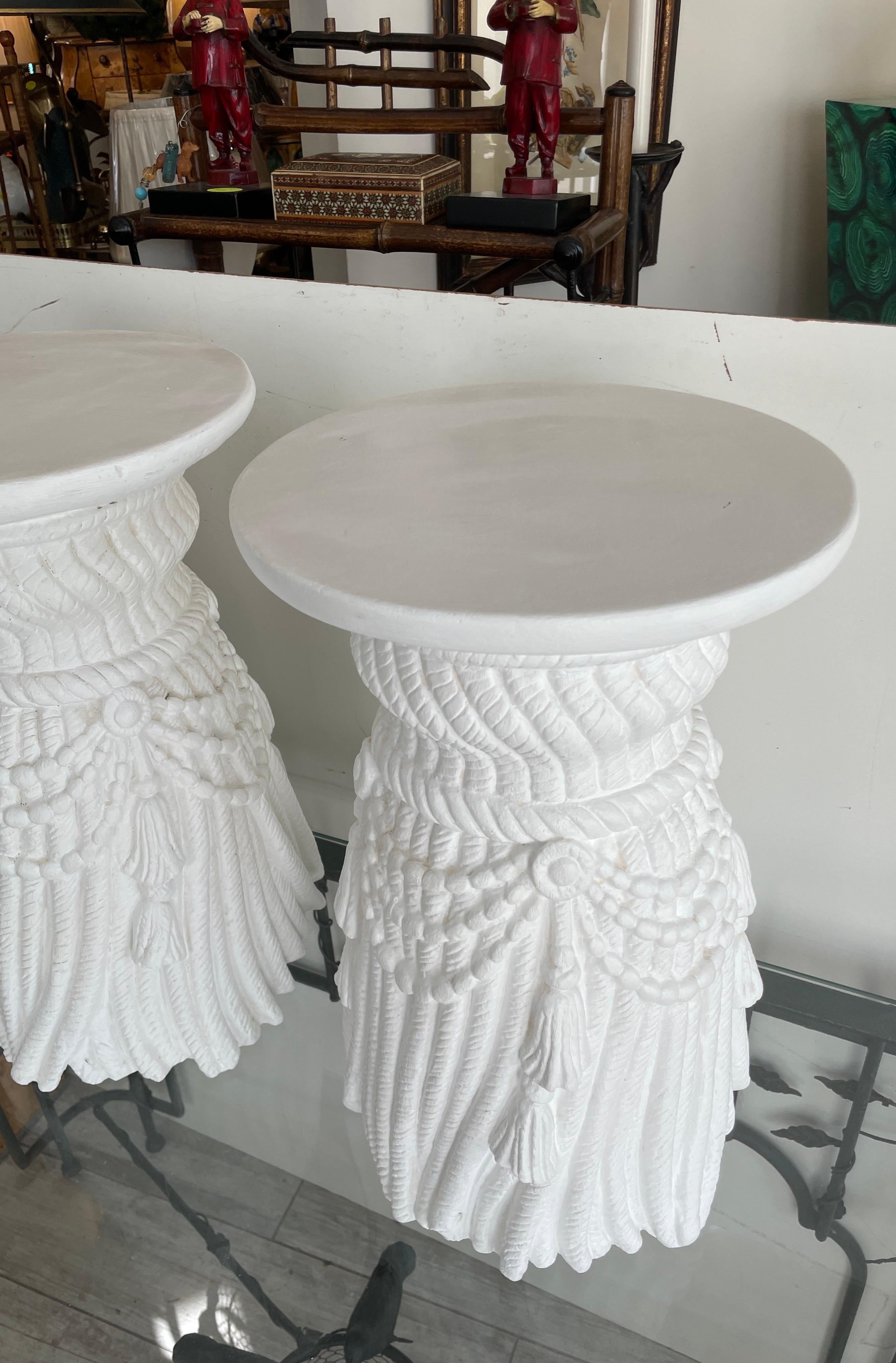 Pair of White Swag & Tassel Side / Drinks Tables For Sale 2
