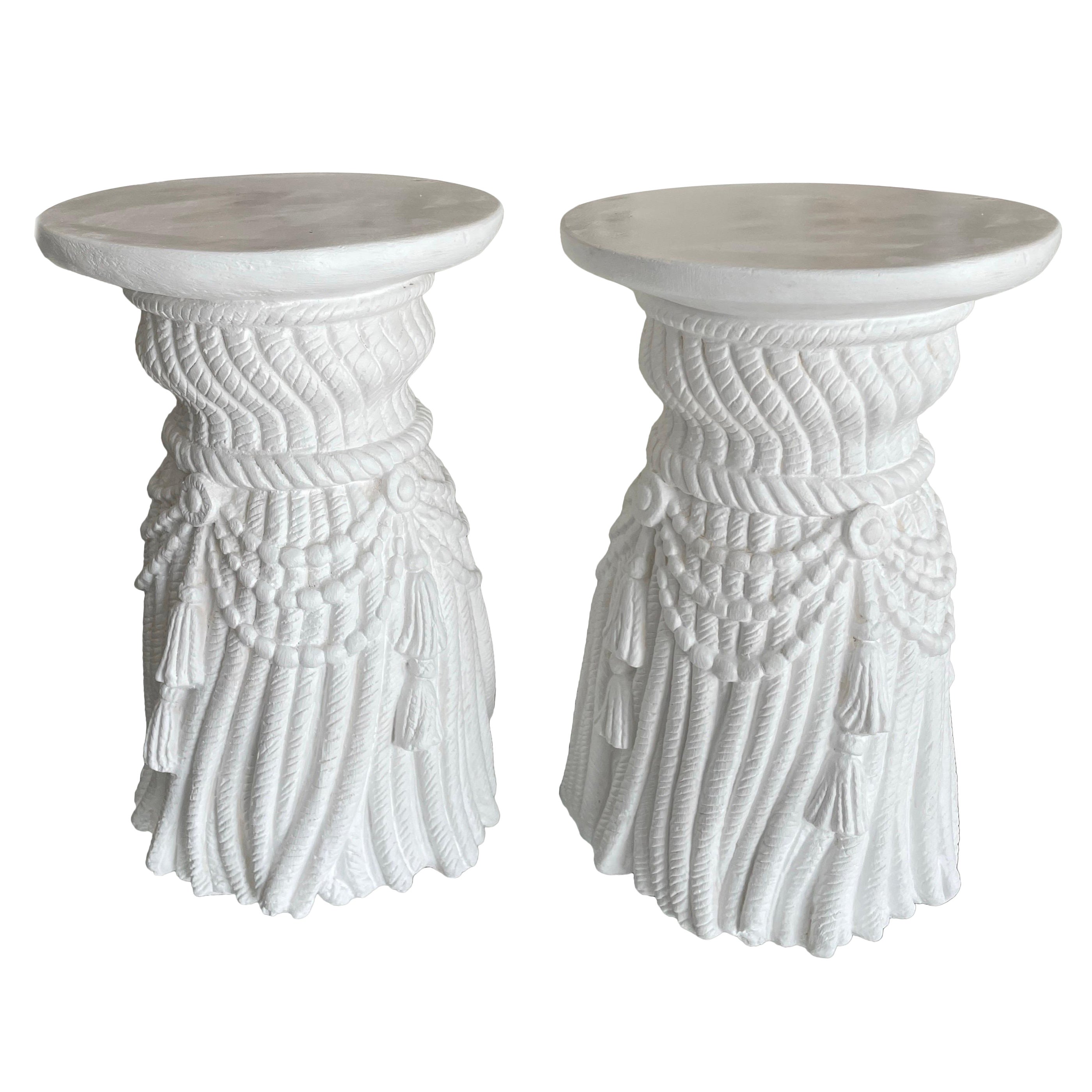 Pair of White Swag & Tassel Side / Drinks Tables For Sale