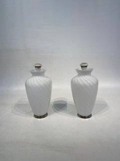 Pair of White Swirl Murano Glass Table Lamps With Chrome Base 1970s Italian