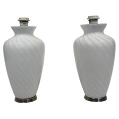 Pair of White Swirl Murano Glass Table Lamps With Chrome Base 1970s Italian