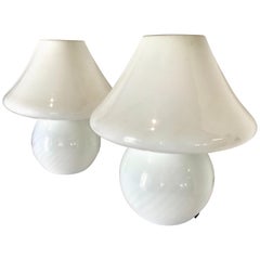 Pair of White Swirl Venini Murano Glass Mushroom Table Lamps Mid-Century Modern