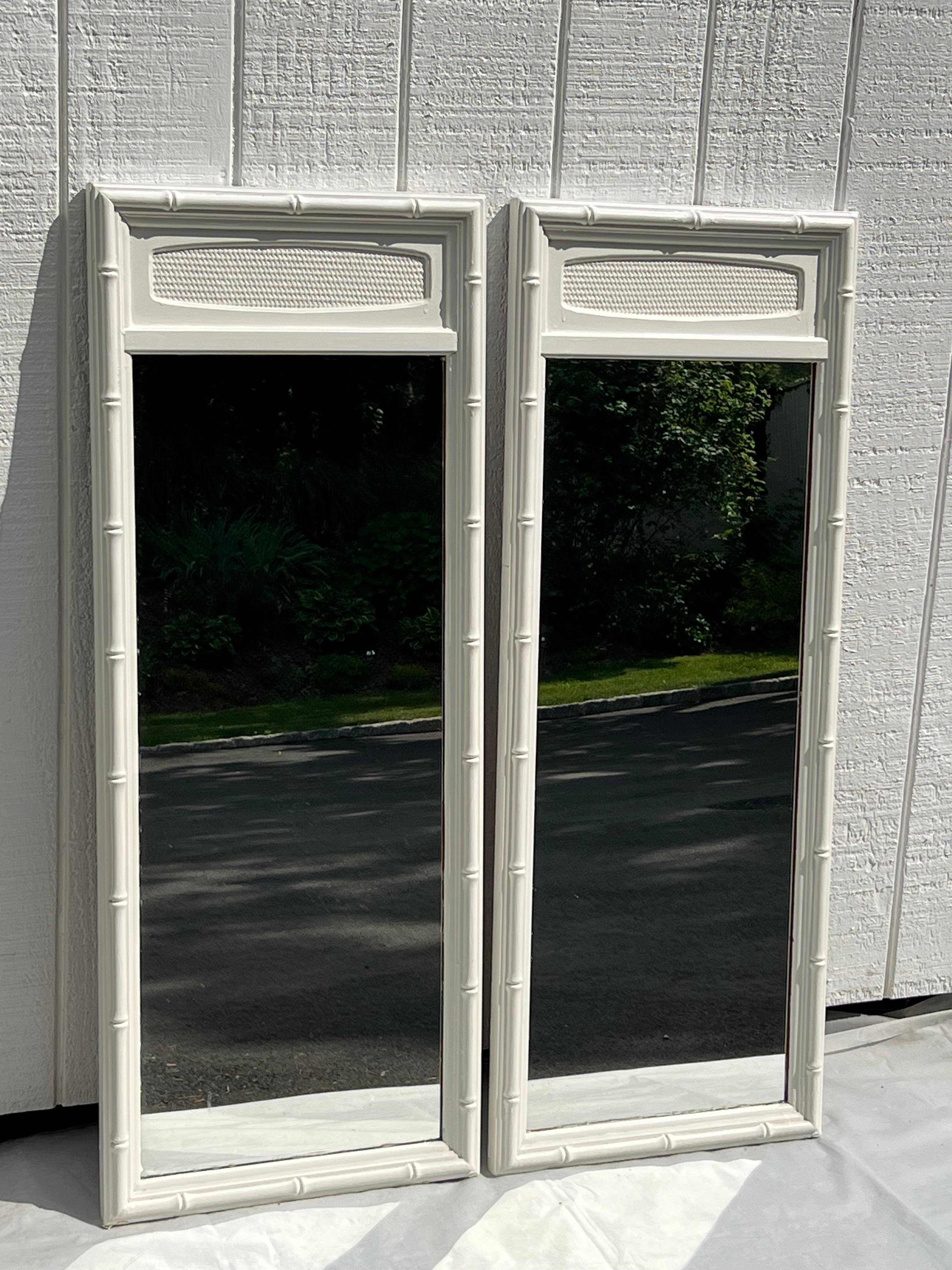 Bohemian Pair of White Thomasville Faux Bamboo Mirrors For Sale