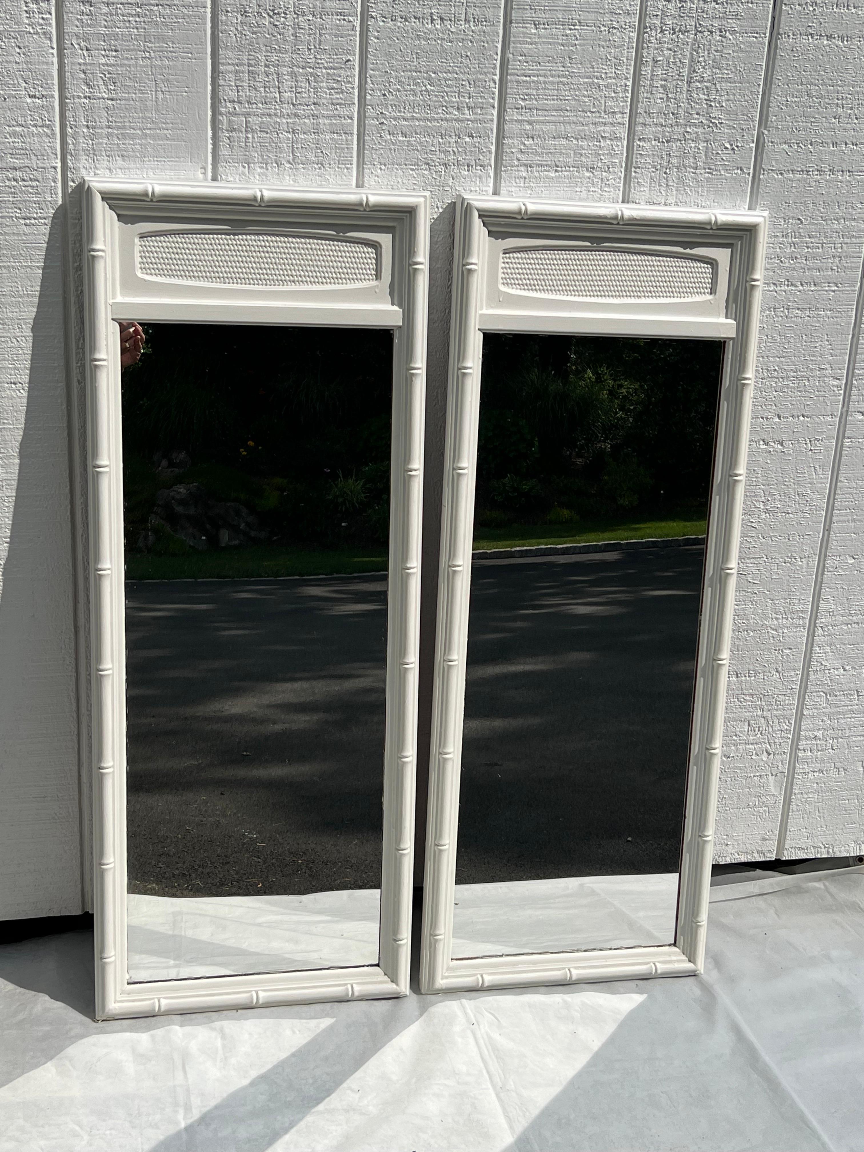 Pair of White Thomasville Faux Bamboo Mirrors In Good Condition For Sale In Redding, CT