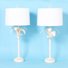 Pair of White Tole Italian Palm Tree Table Lamps