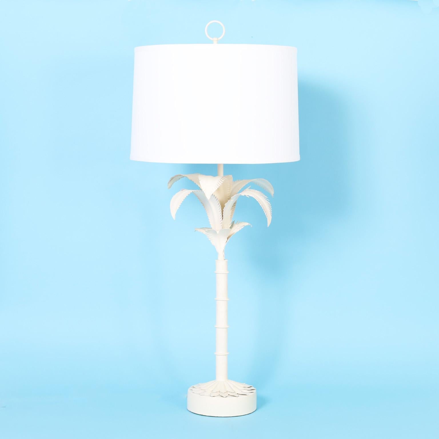 Hand-Painted Pair of White Tole Italian Palm Tree Table Lamps For Sale
