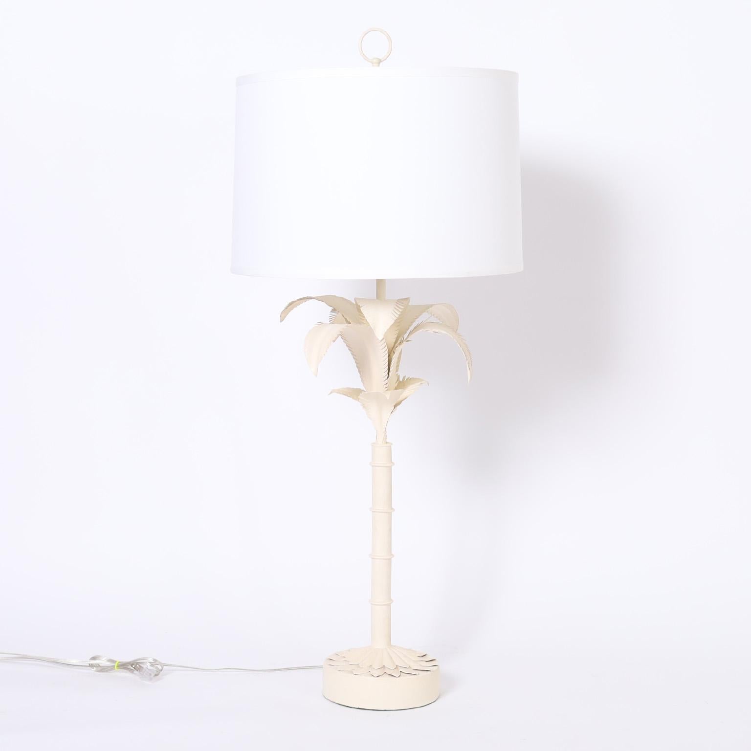 Hand-Painted Pair of White Tole Italian Palm Tree Table Lamps For Sale