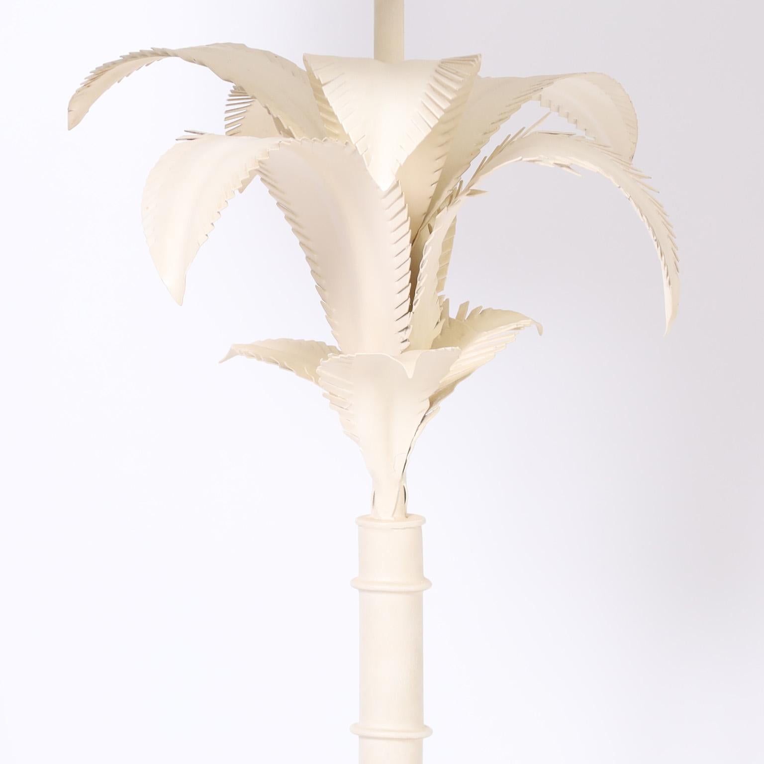 Metal Pair of White Tole Italian Palm Tree Table Lamps For Sale