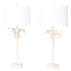 Pair of White Tole Italian Palm Tree Table Lamps