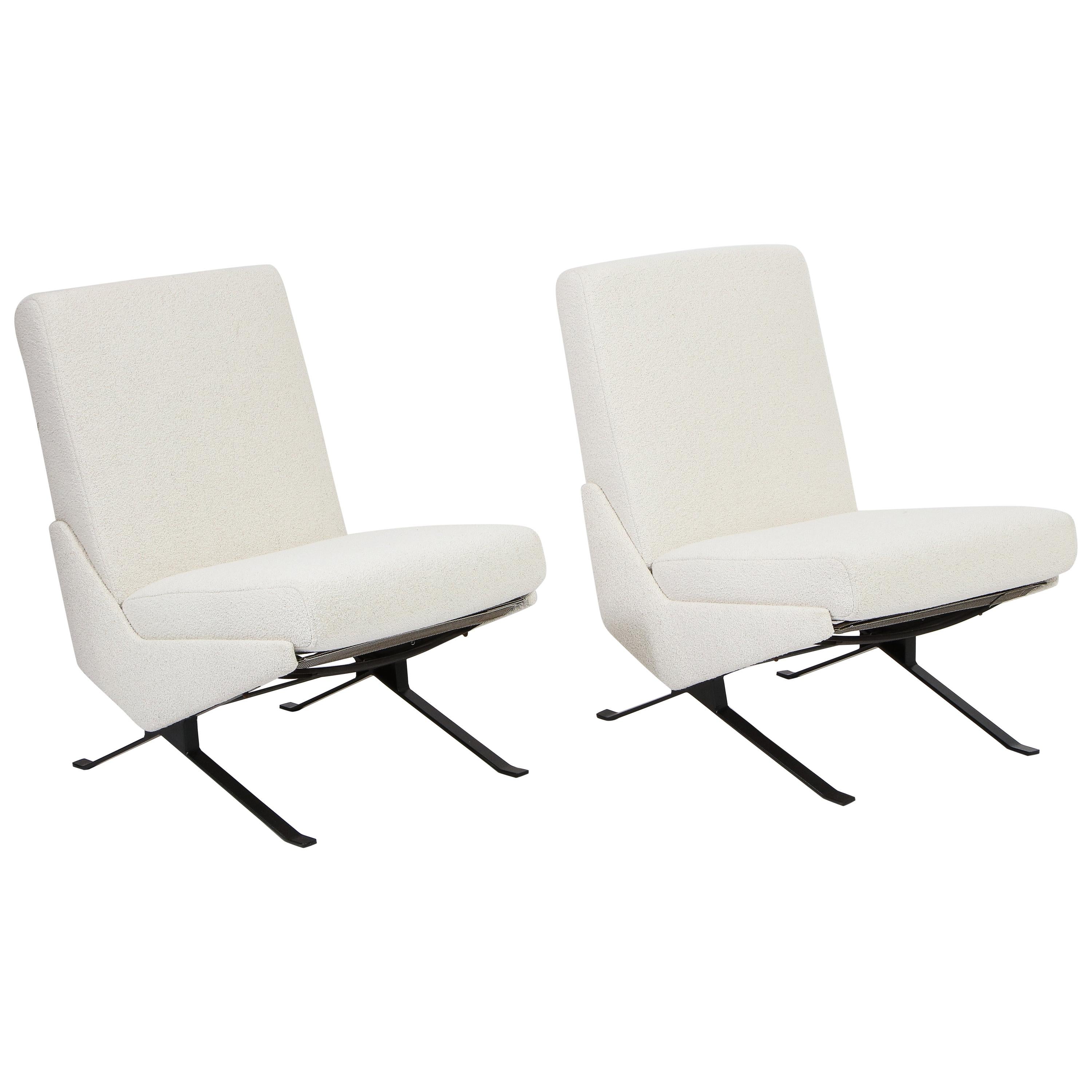 Pair of White Troika Slipper Chairs by Pierre Guariche for Airborne, France 1960