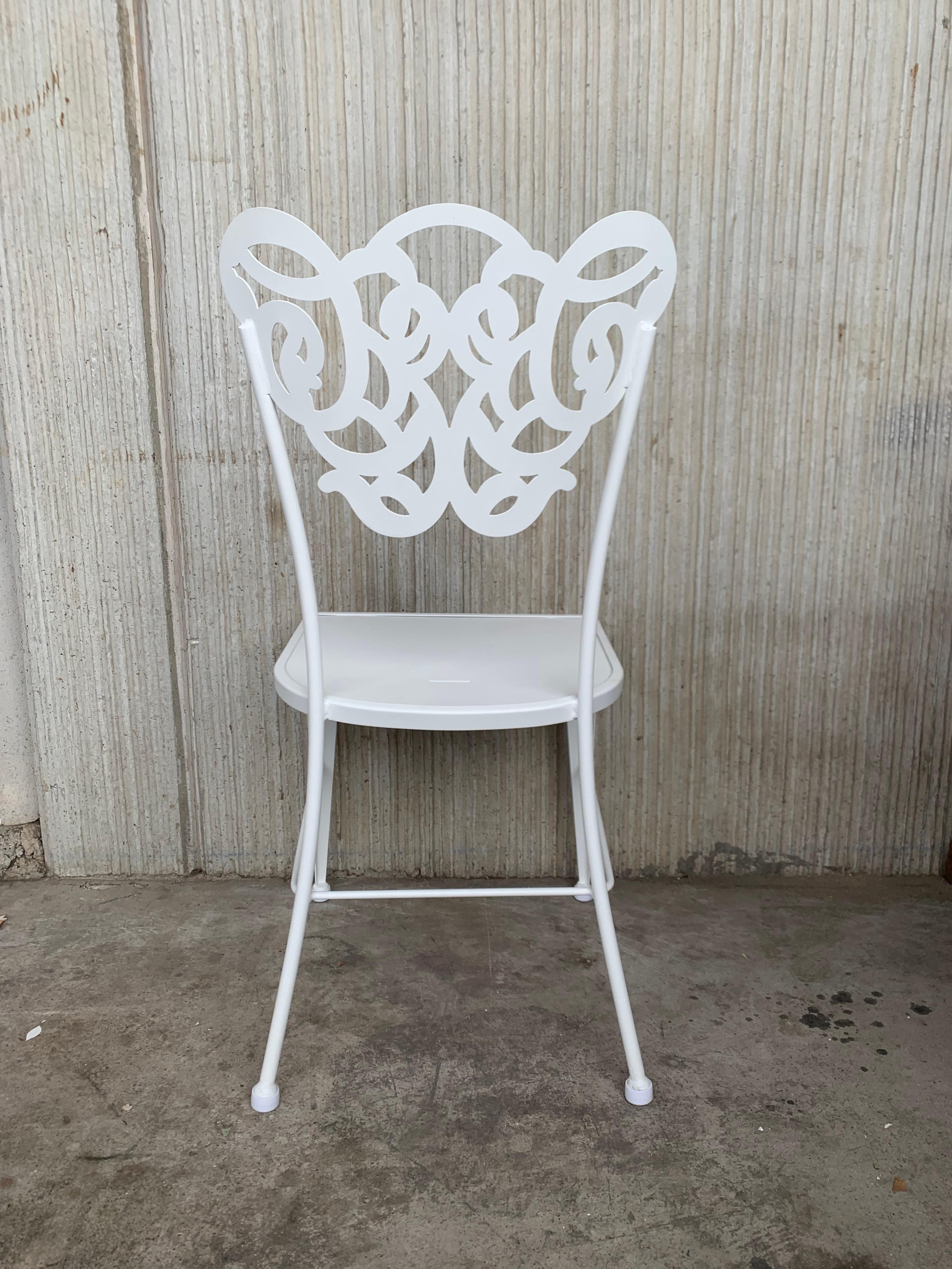 Pair of White Two Garden or Dining Chairs in Wrought Iron with Laser Back For Sale 4