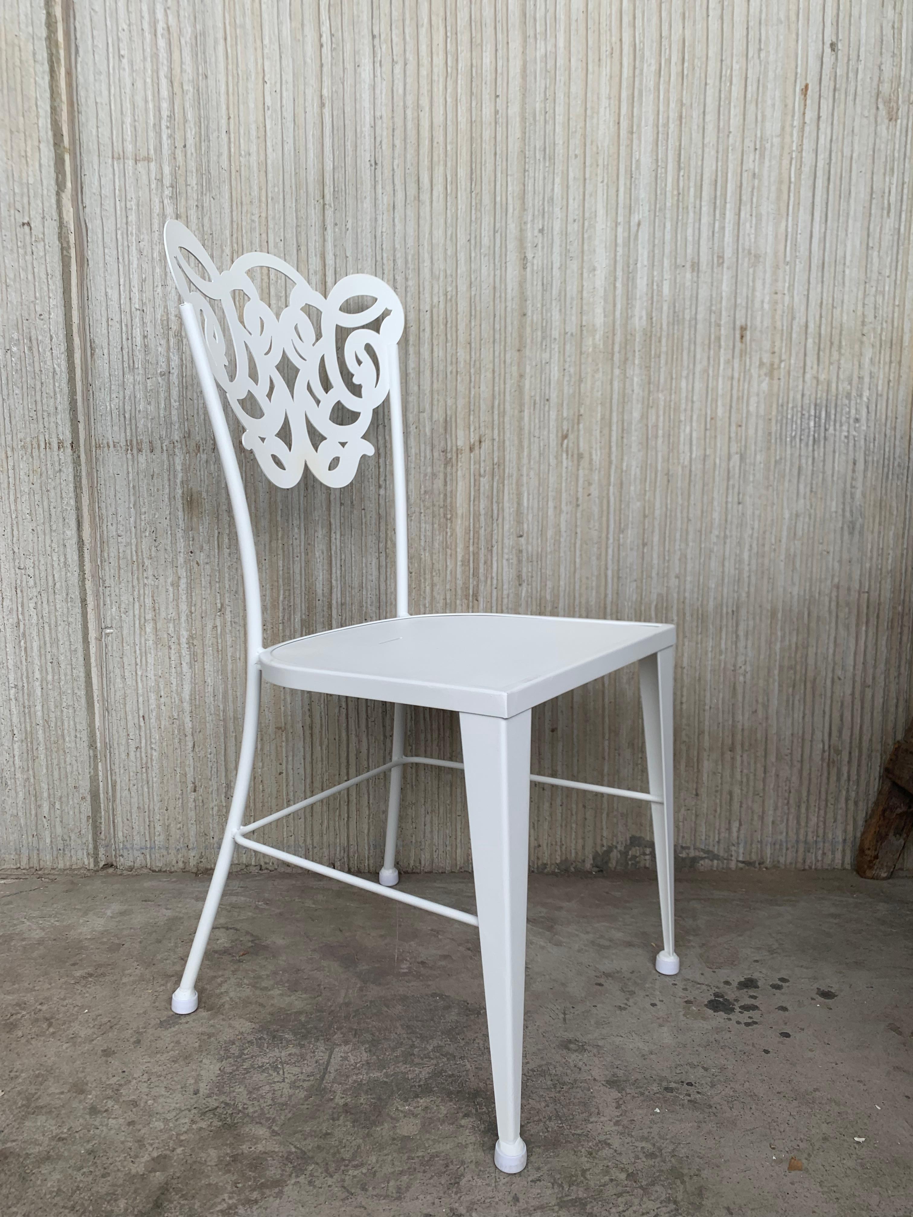 Pair of White Two Garden or Dining Chairs in Wrought Iron with Laser Back For Sale 6