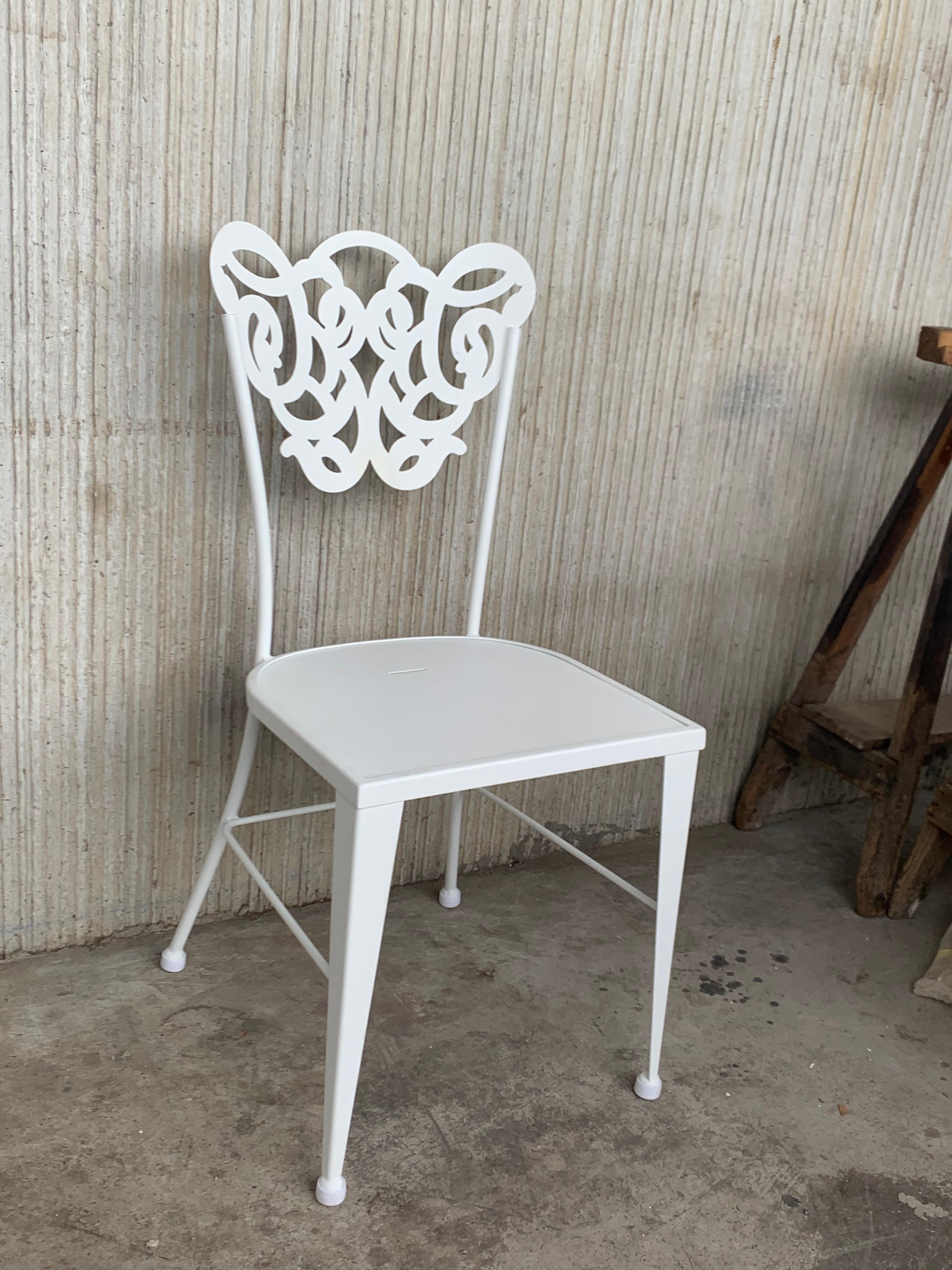 Contemporary Pair of White Two Garden or Dining Chairs in Wrought Iron with Laser Back For Sale