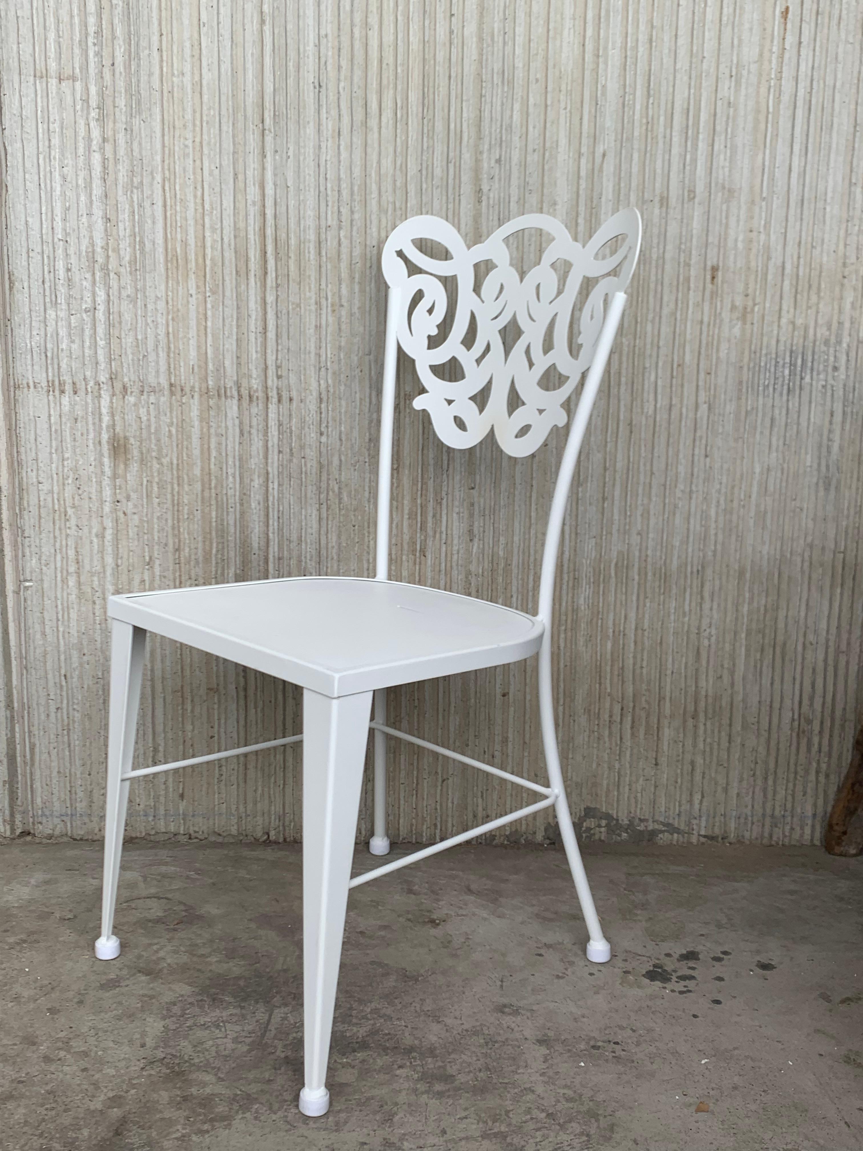 Pair of White Two Garden or Dining Chairs in Wrought Iron with Laser Back For Sale 1