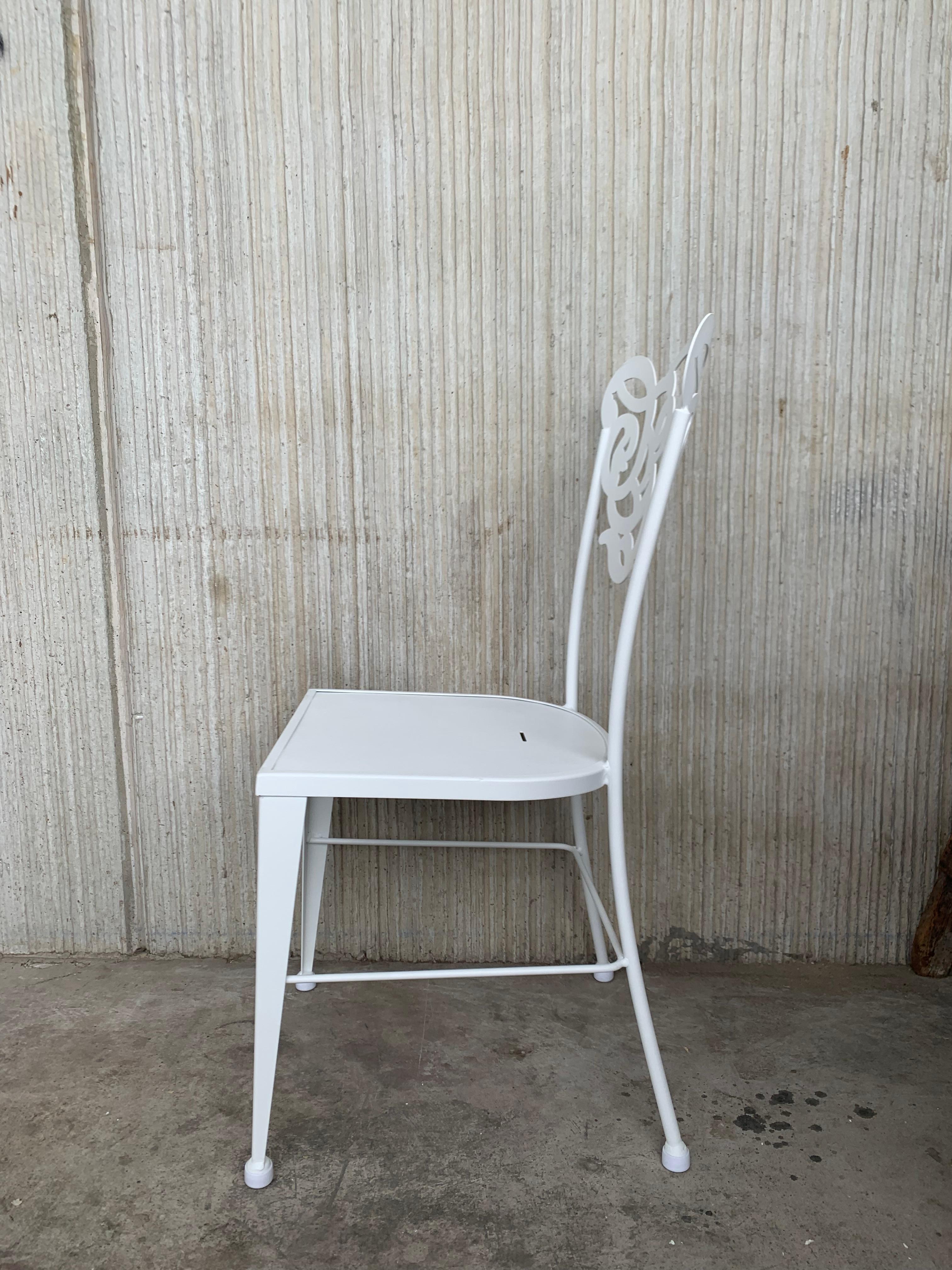 Pair of White Two Garden or Dining Chairs in Wrought Iron with Laser Back For Sale 2